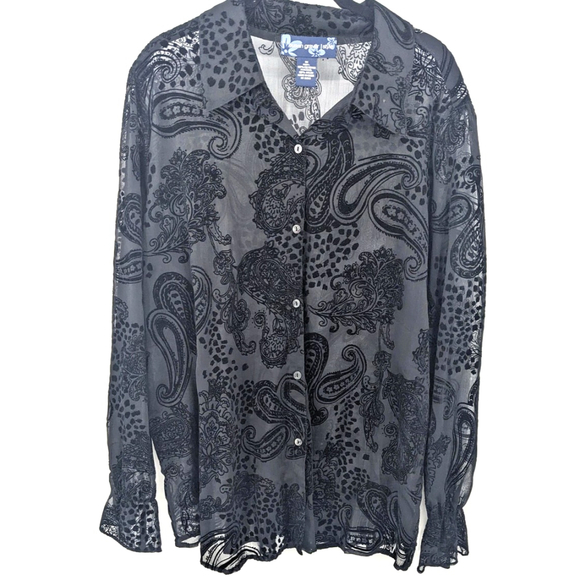 Susan Graver Shirt Womens 1X Black Sheer Velvet Burnout Paisley Button Front Top - Picture 1 of 7